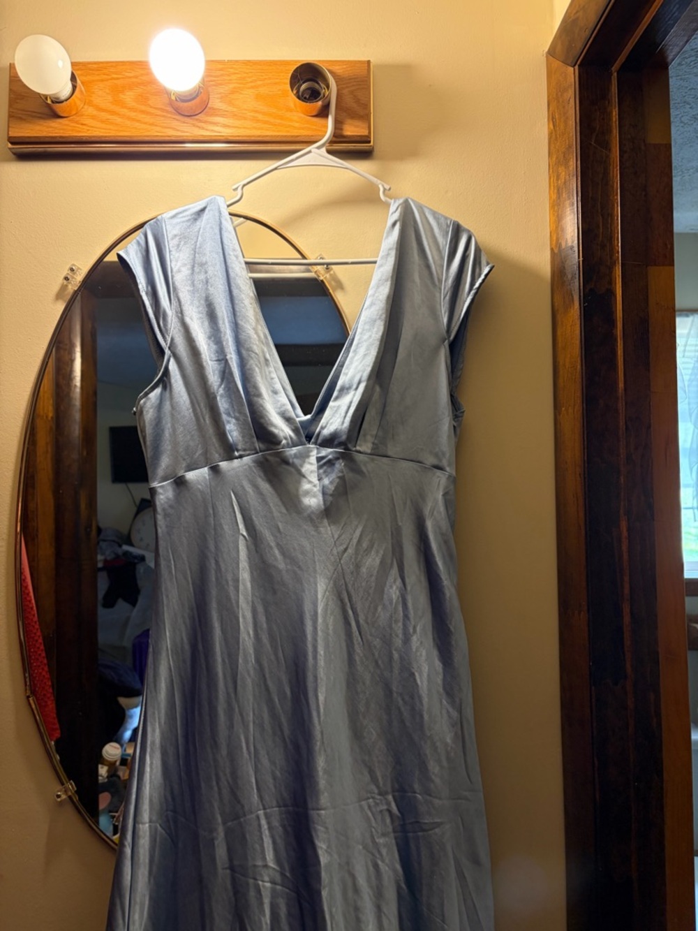 Satin Light Steel Blue V-Neck Dress